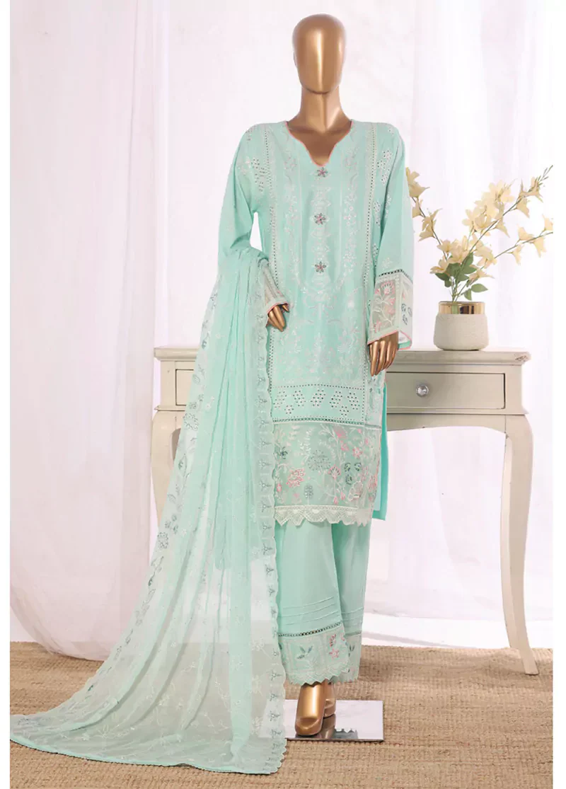 3 Piece Turquoise Color Embroidered Lawn Shirt with Embroidered Trouser & Dupatta - Image 3