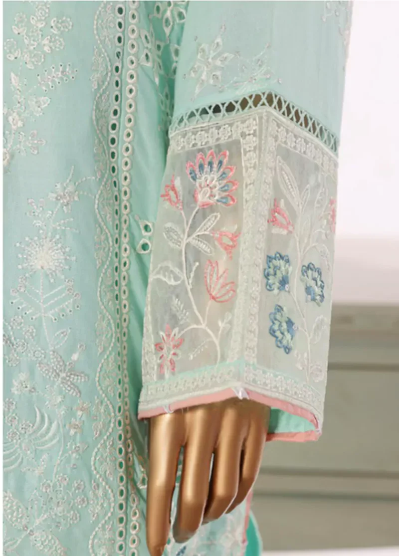 3 Piece Turquoise Color Embroidered Lawn Shirt with Embroidered Trouser & Dupatta - Image 4