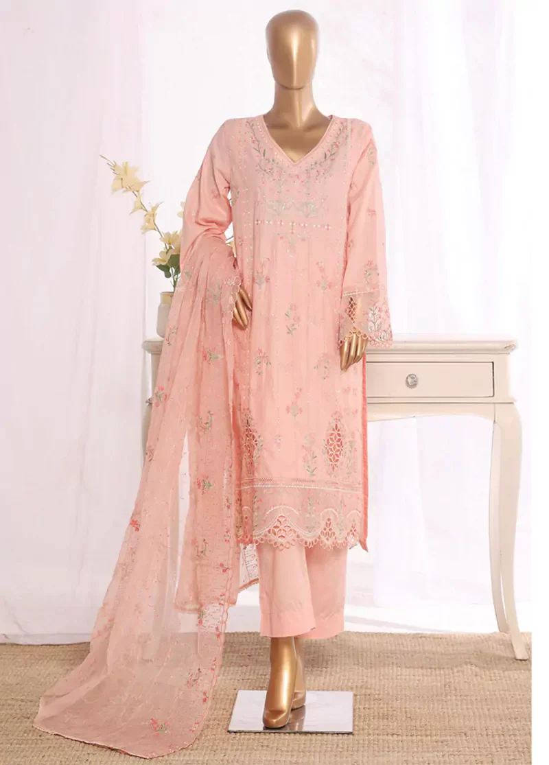 3 Piece Peach Color Embroidered Lawn Shirt with Embroidered Trouser & Dupatta - Image 3