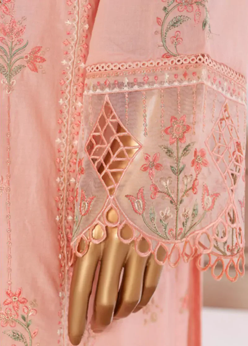 3 Piece Peach Color Embroidered Lawn Shirt with Embroidered Trouser & Dupatta - Image 4