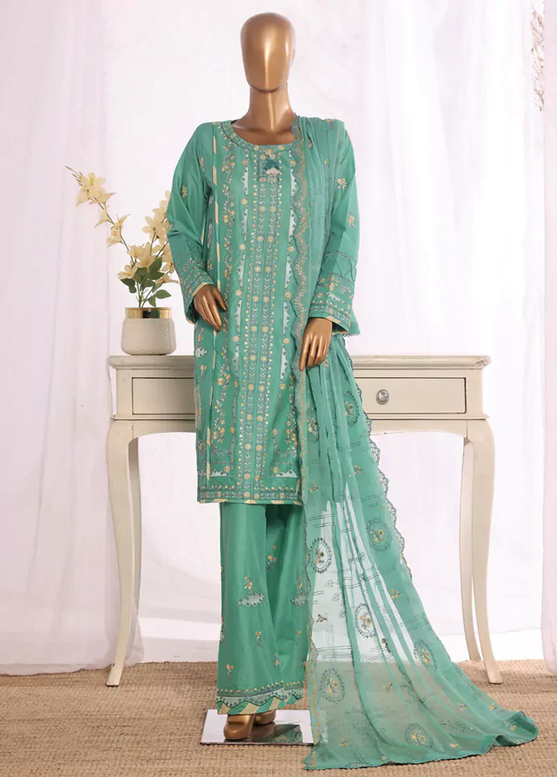 3 Piece Turquoise Color Embroidered Lawn Shirt with Embroidered Trouser & Dupatta - Image 3