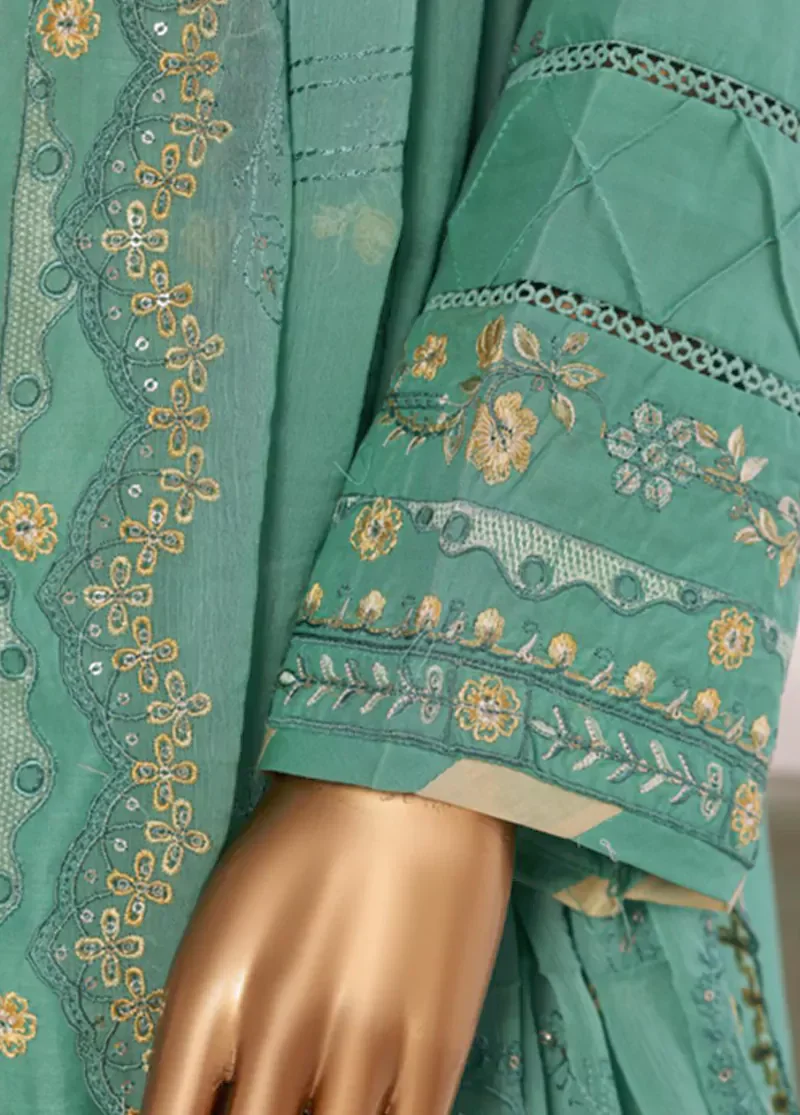 3 Piece Turquoise Color Embroidered Lawn Shirt with Embroidered Trouser & Dupatta - Image 4