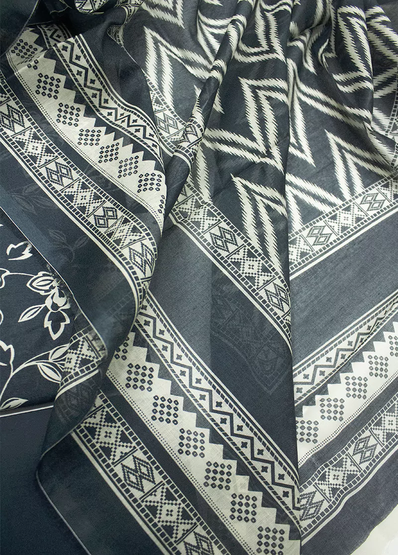 3 Piece Printed Charcoal Color Unstitched Suit - Image 3
