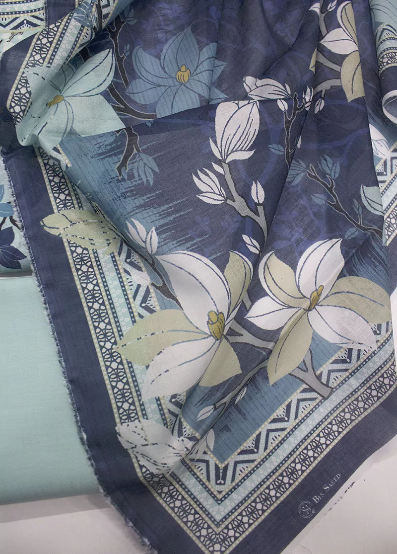 3 Piece Printed Blue Color Unstitched Suit - Image 3