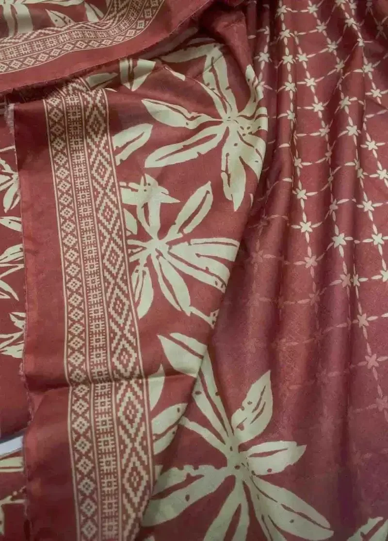 3 Piece Printed Coral Pink Color Unstitched Suit - Image 3