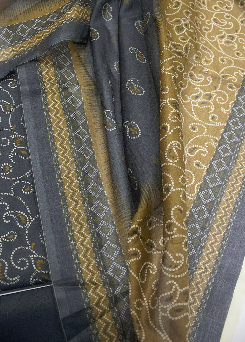 3 Piece Printed Grey Color Unstitched Suit - Image 3