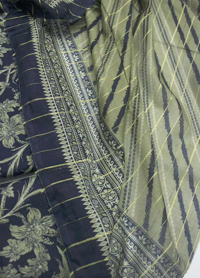 3 Piece Printed Navy Blue Color Unstitched Suit - Image 3