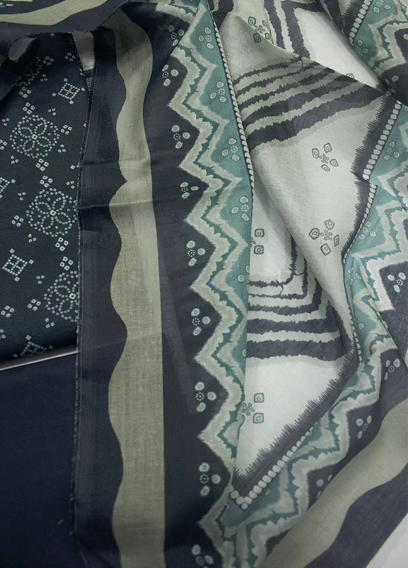 3 Piece Printed Navy Blue Color Unstitched Suit - Image 3