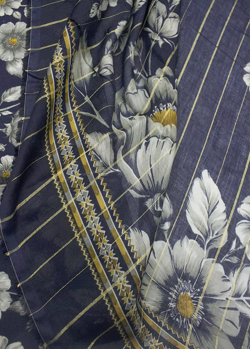 3 Piece Printed Navy Blue Color Unstitched Suit - Image 3