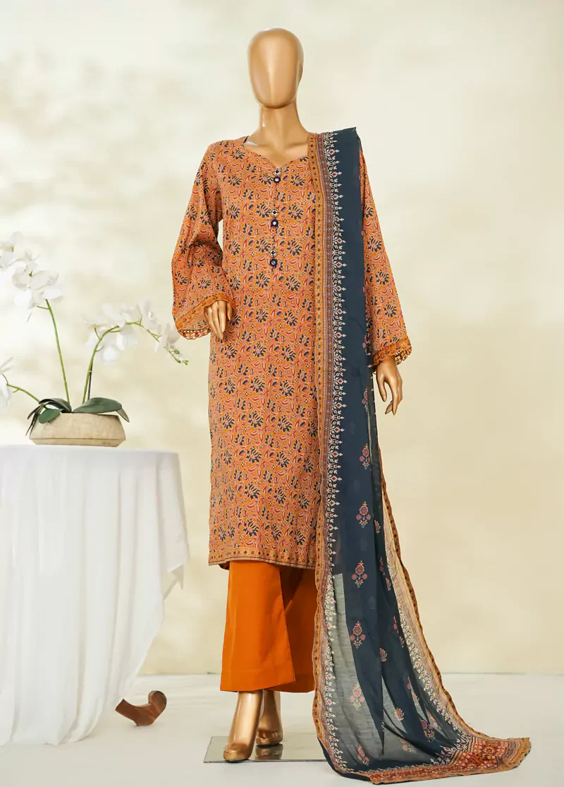 3 Piece Printed Orange Color Lawn Shirt with Trouser & Dupatta - Image 3