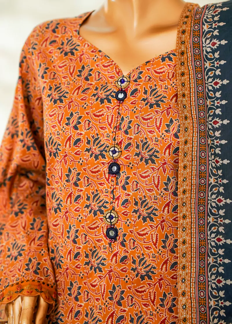 3 Piece Printed Orange Color Lawn Shirt with Trouser & Dupatta - Image 4