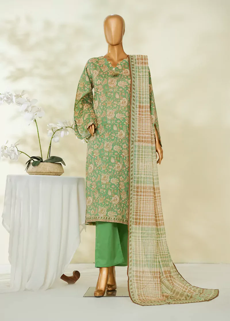 3 Piece Printed Seafoam Green Color Lawn Shirt with Trouser & Dupatta - Image 3