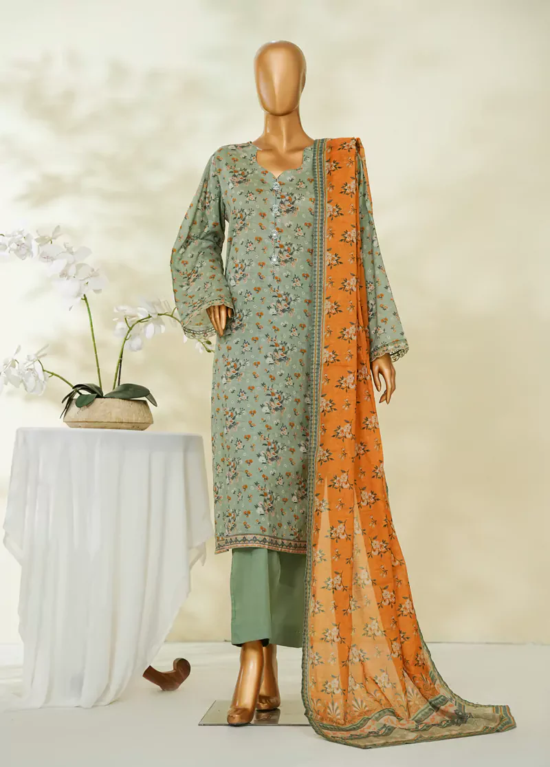 3 Piece Printed Pastel Green Color Lawn Shirt with Trouser & Dupatta - Image 3