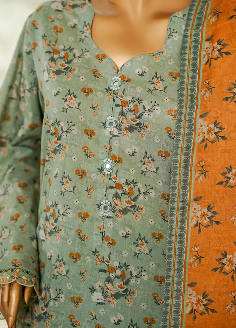 3 Piece Printed Pastel Green Color Lawn Shirt with Trouser & Dupatta - Image 4