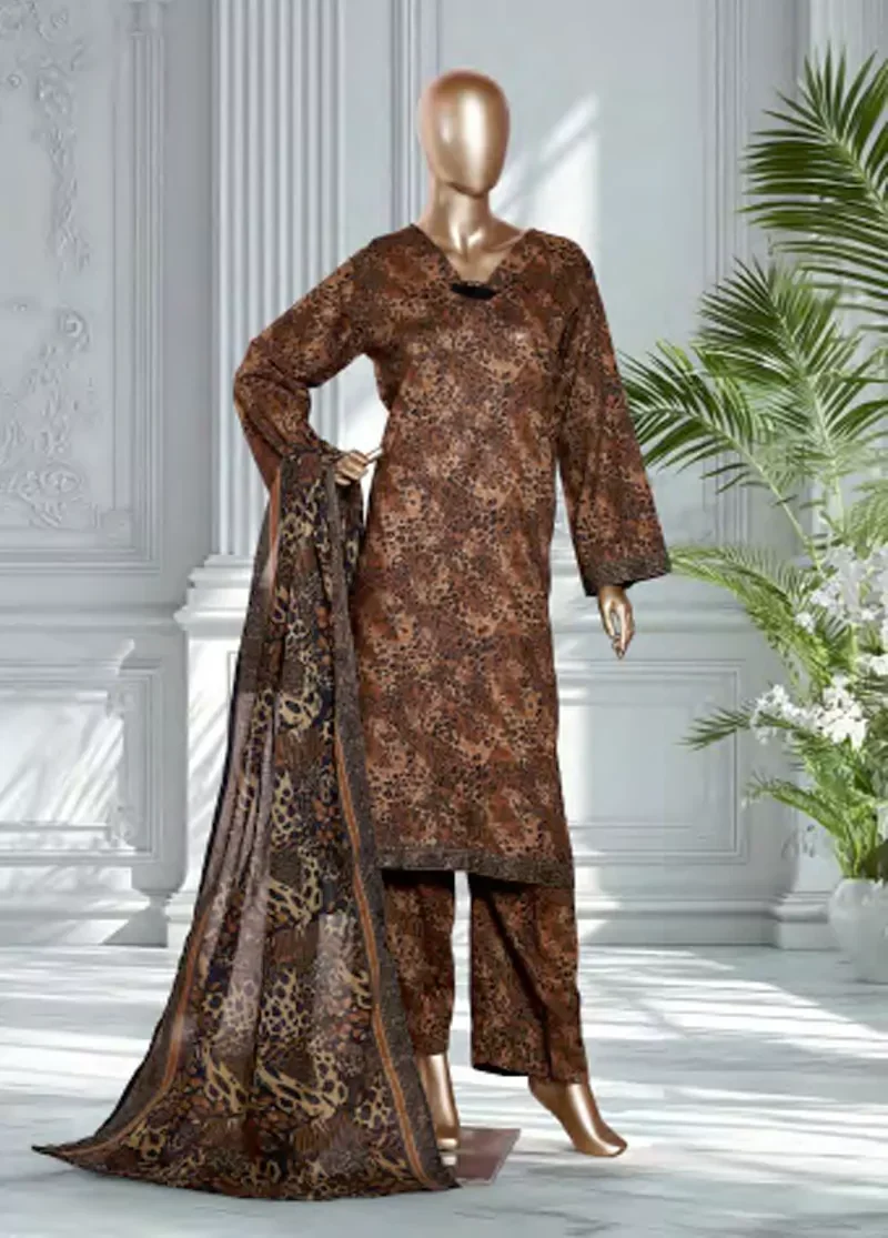 3 Piece Printed Brown Color Lawn Shirt with Trouser & Dupatta - Image 3