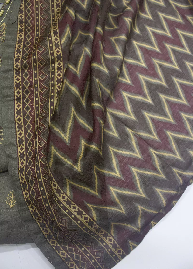 3 Piece Printed Grey Color Lawn Shirt with Trouser & Dupatta - Image 3