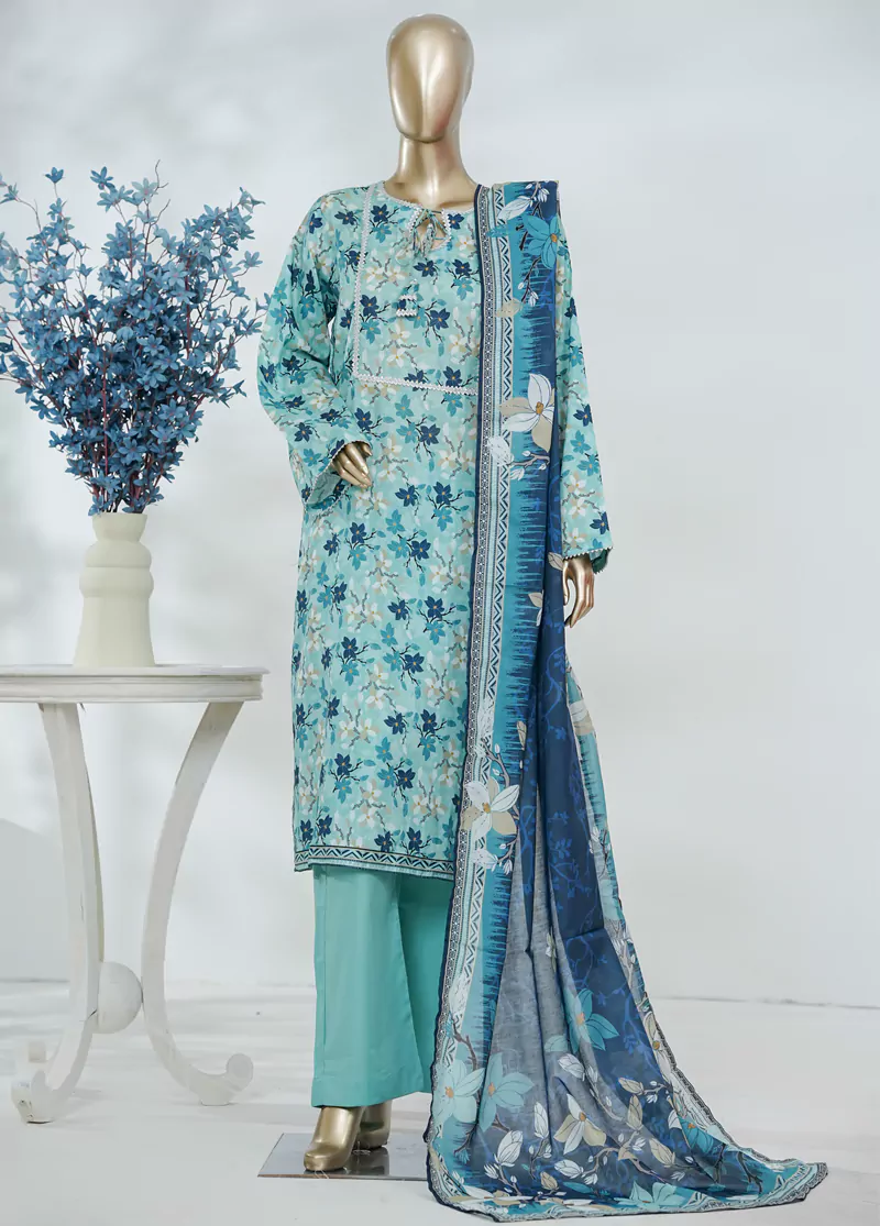 3 Piece Printed Blue Color Lawn Shirt with Trouser & Dupatta - Image 3