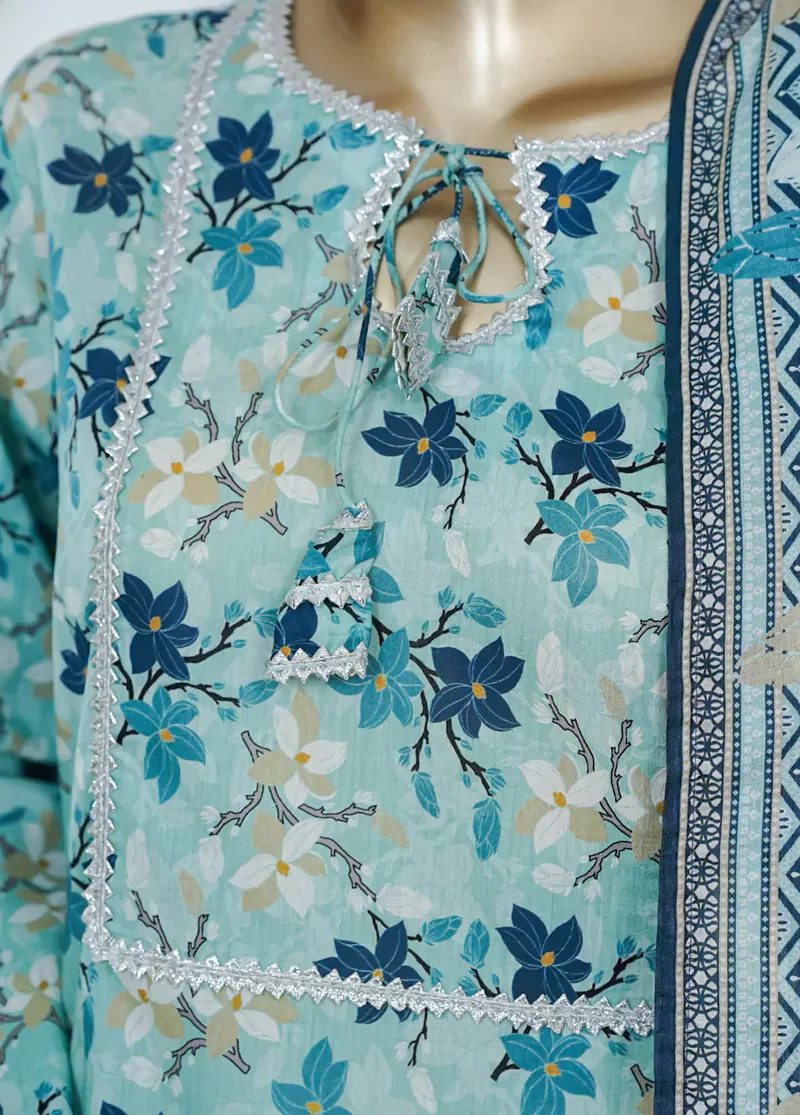 3 Piece Printed Blue Color Lawn Shirt with Trouser & Dupatta - Image 4