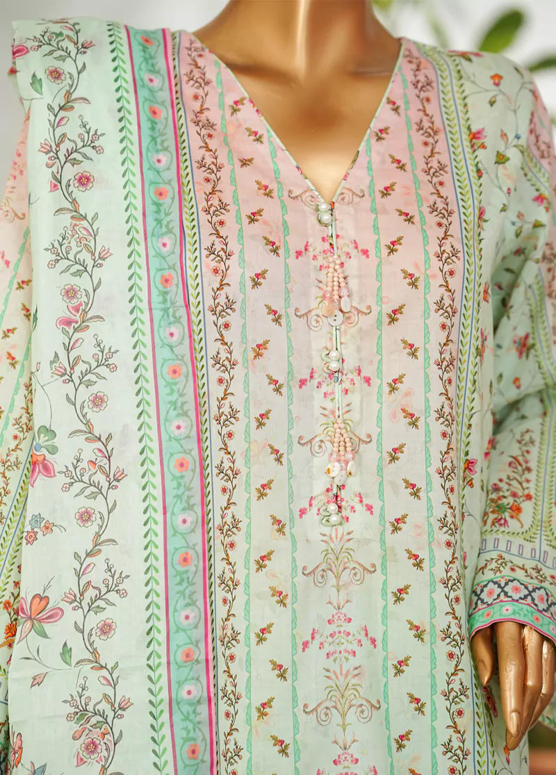 3 Piece Printed Mint Green Color Lawn Shirt with Trouser & Dupatta - Image 3