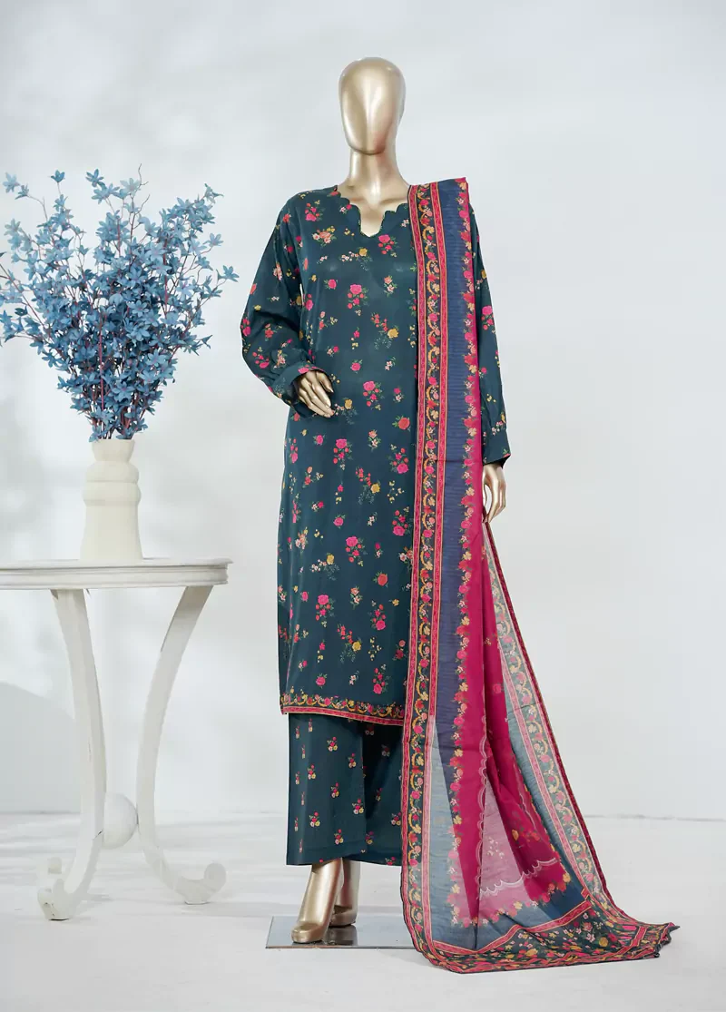 3 Piece Printed Teal Color Lawn Shirt with Trouser & Dupatta - Image 3