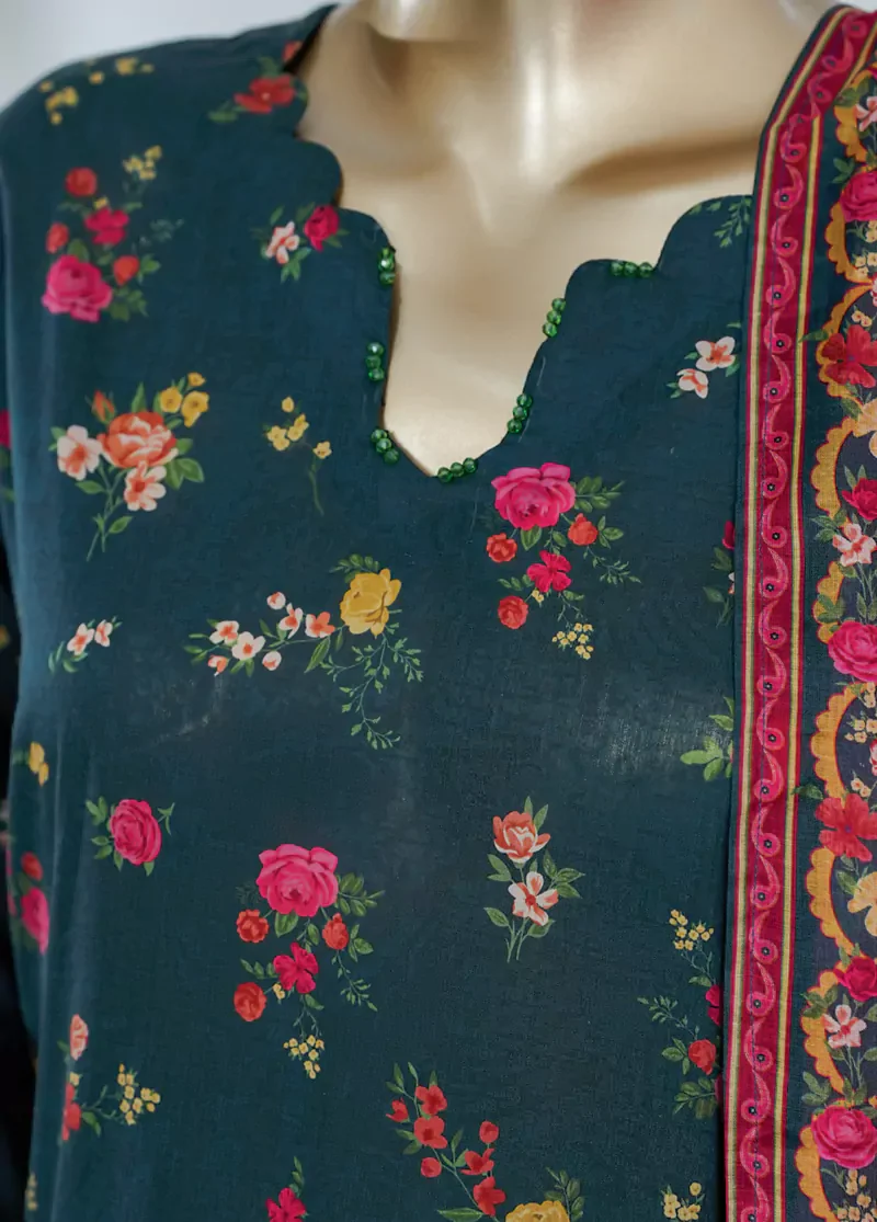 3 Piece Printed Teal Color Lawn Shirt with Trouser & Dupatta - Image 4