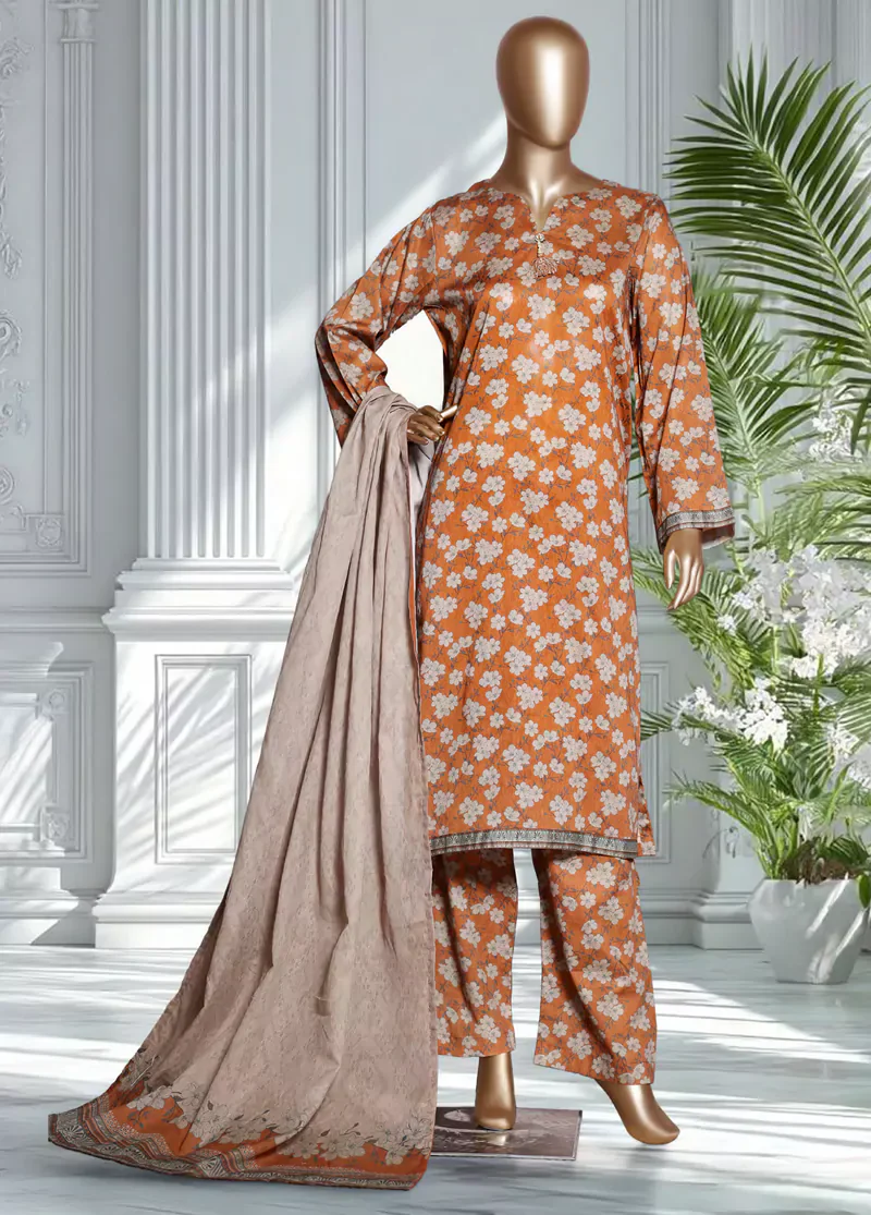 3 Piece Printed Orange Color Lawn Shirt with Trouser & Dupatta - Image 3