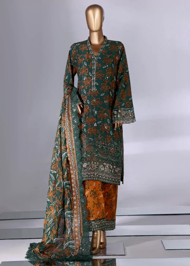 3 Piece Green Color Embroidered Lawn Shirt with Embroidered Trouser & Dupatta - Image 3