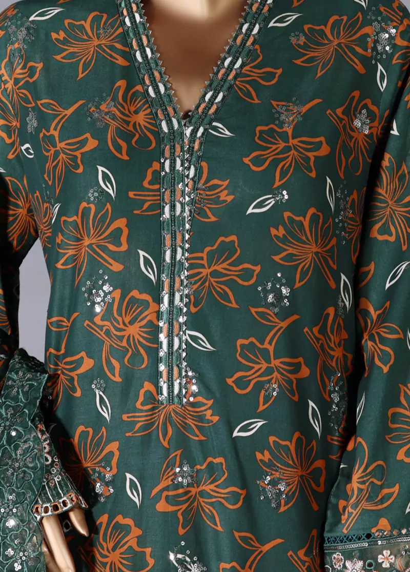 3 Piece Green Color Embroidered Lawn Shirt with Embroidered Trouser & Dupatta - Image 4