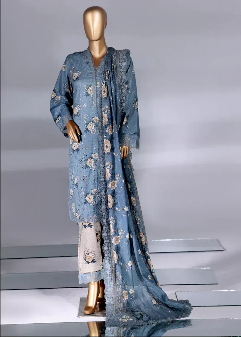 3 Piece Color Embroidered Lawn Shirt with Embroidered Trouser & Dupatta - Image 3