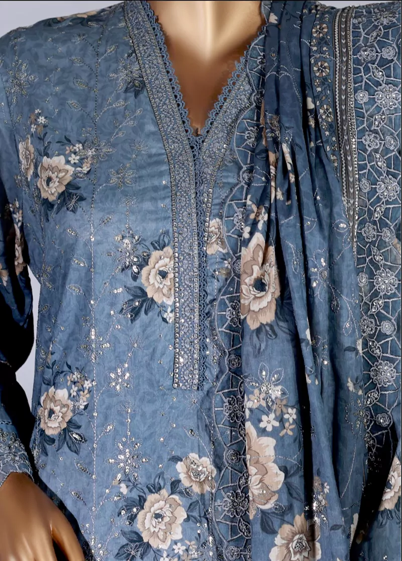 3 Piece Color Embroidered Lawn Shirt with Embroidered Trouser & Dupatta - Image 4