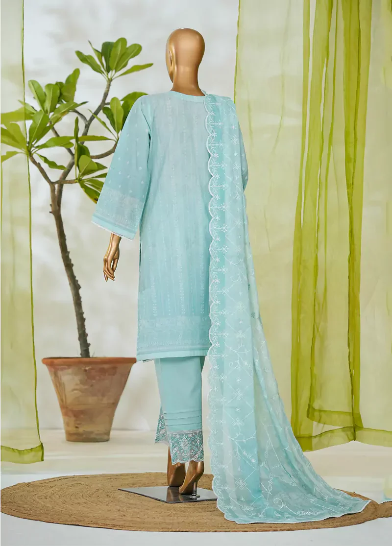 3 Piece Arctic Blue Color Embroidered Lawn Shirt with Embroidered Trouser & Dupatta - Image 3