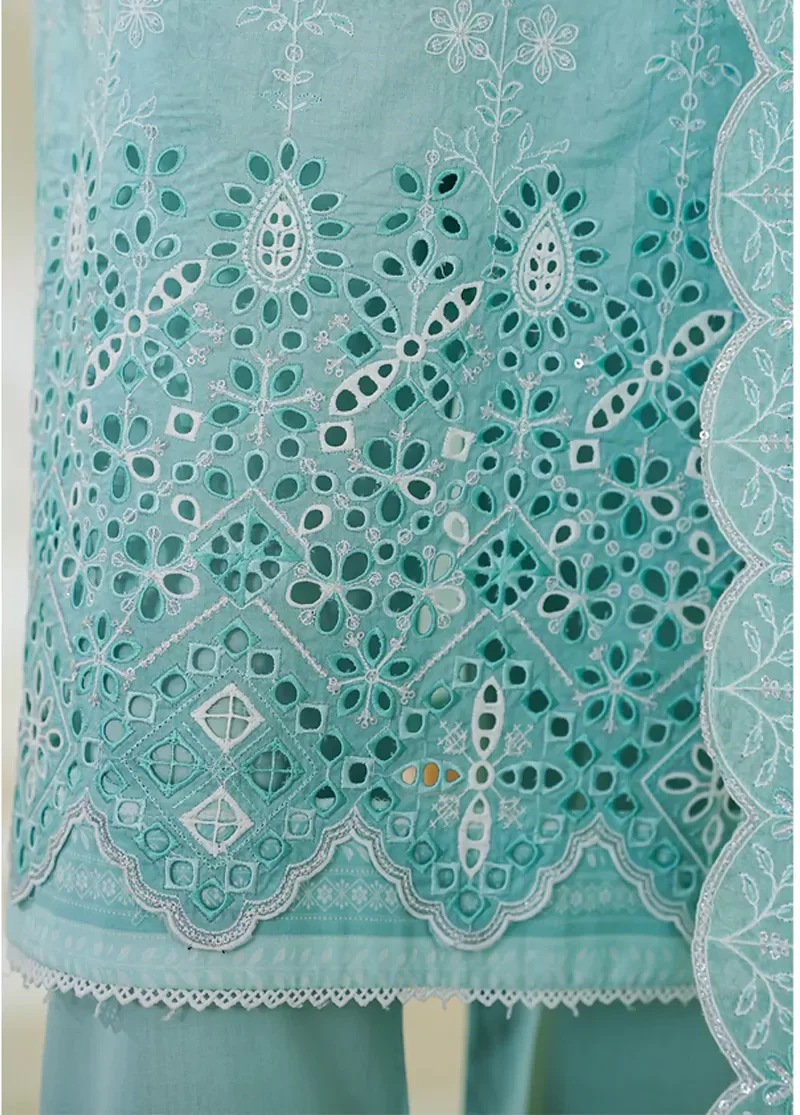 3 Piece Arctic Blue Color Embroidered Lawn Shirt with Embroidered Trouser & Dupatta - Image 4