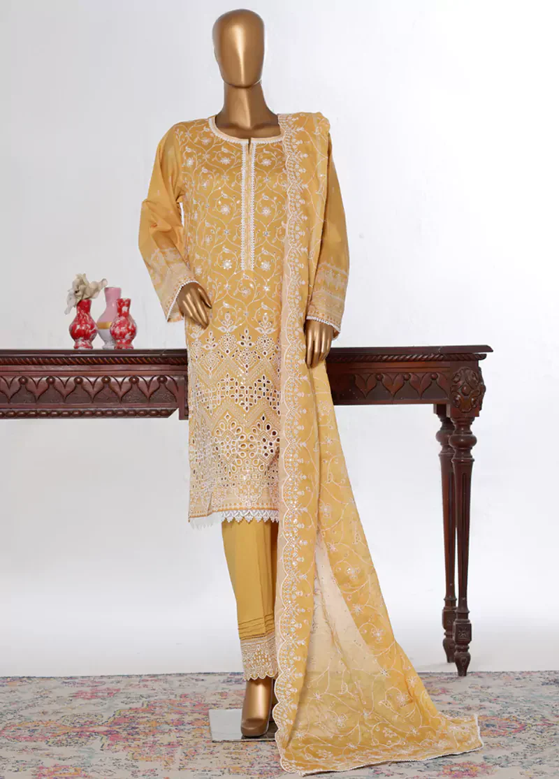 3 Piece Honey Orange Color Chikankari Lawn Shirt with Embroidered Trouser & Dupatta - Image 3