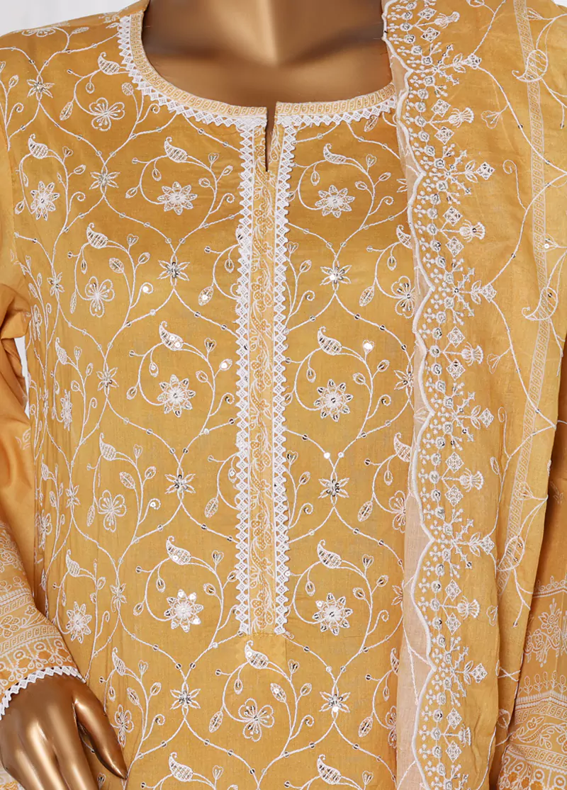 3 Piece Honey Orange Color Chikankari Lawn Shirt with Embroidered Trouser & Dupatta - Image 4
