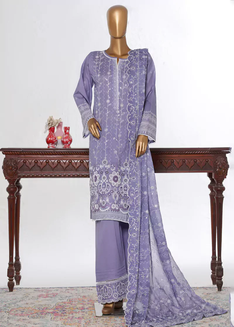 3 Piece Lavender Color Chikankari Lawn Shirt with Embroidered Trouser & Dupatta - Image 3