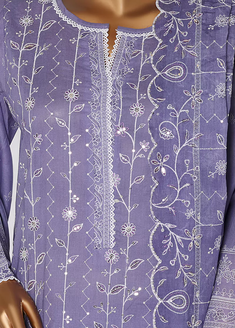 3 Piece Lavender Color Chikankari Lawn Shirt with Embroidered Trouser & Dupatta - Image 4