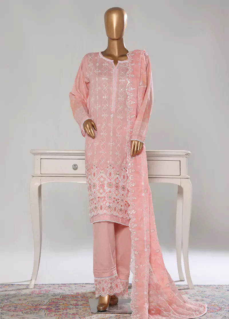 3 Piece Peach Color Chikankari Lawn Shirt with Embroidered Trouser & Dupatta - Image 3