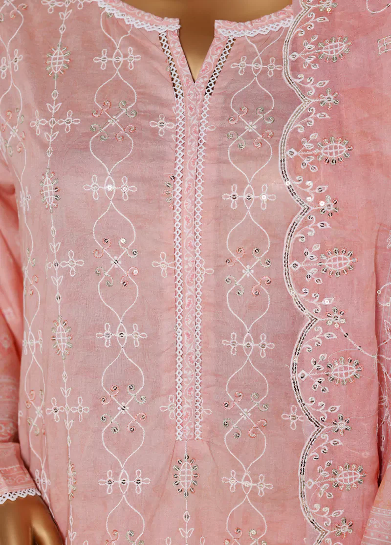 3 Piece Peach Color Chikankari Lawn Shirt with Embroidered Trouser & Dupatta - Image 4