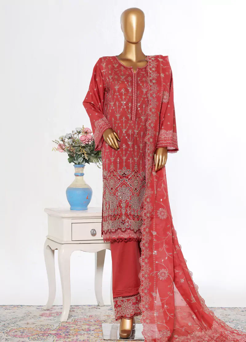 3 Piece Red Color Chikankari Lawn Shirt with Embroidered Trouser & Dupatta - Image 3