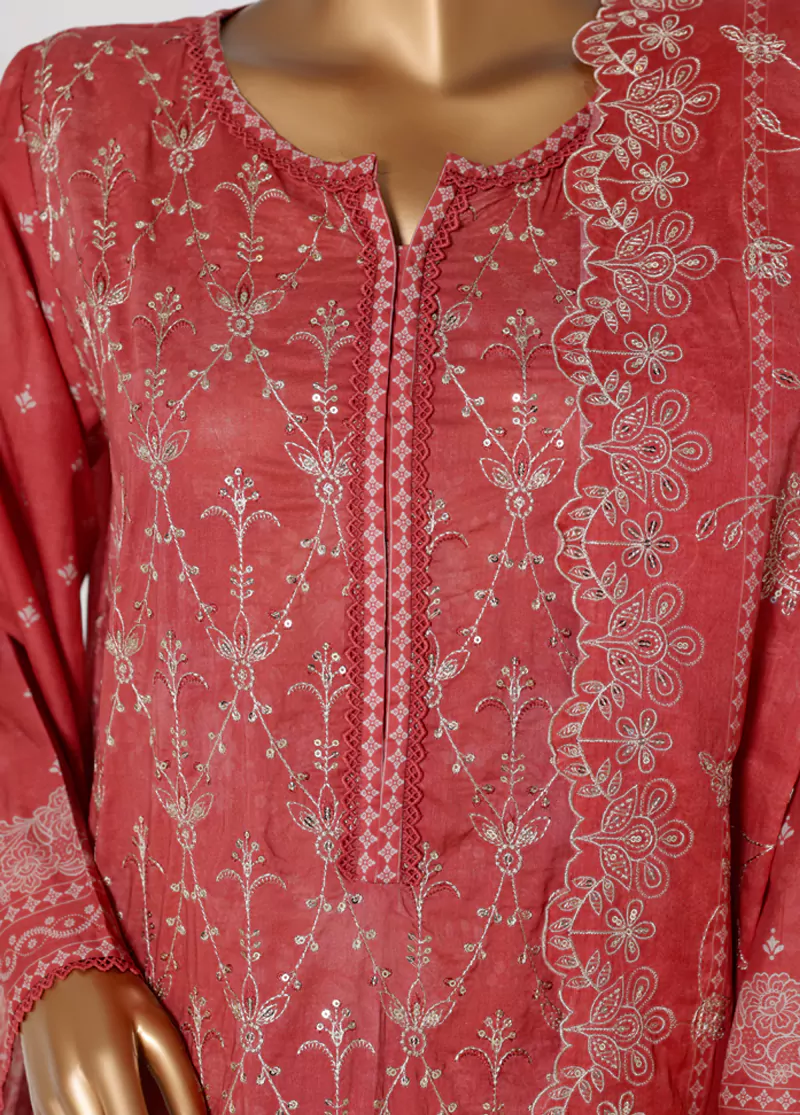 3 Piece Red Color Chikankari Lawn Shirt with Embroidered Trouser & Dupatta - Image 4