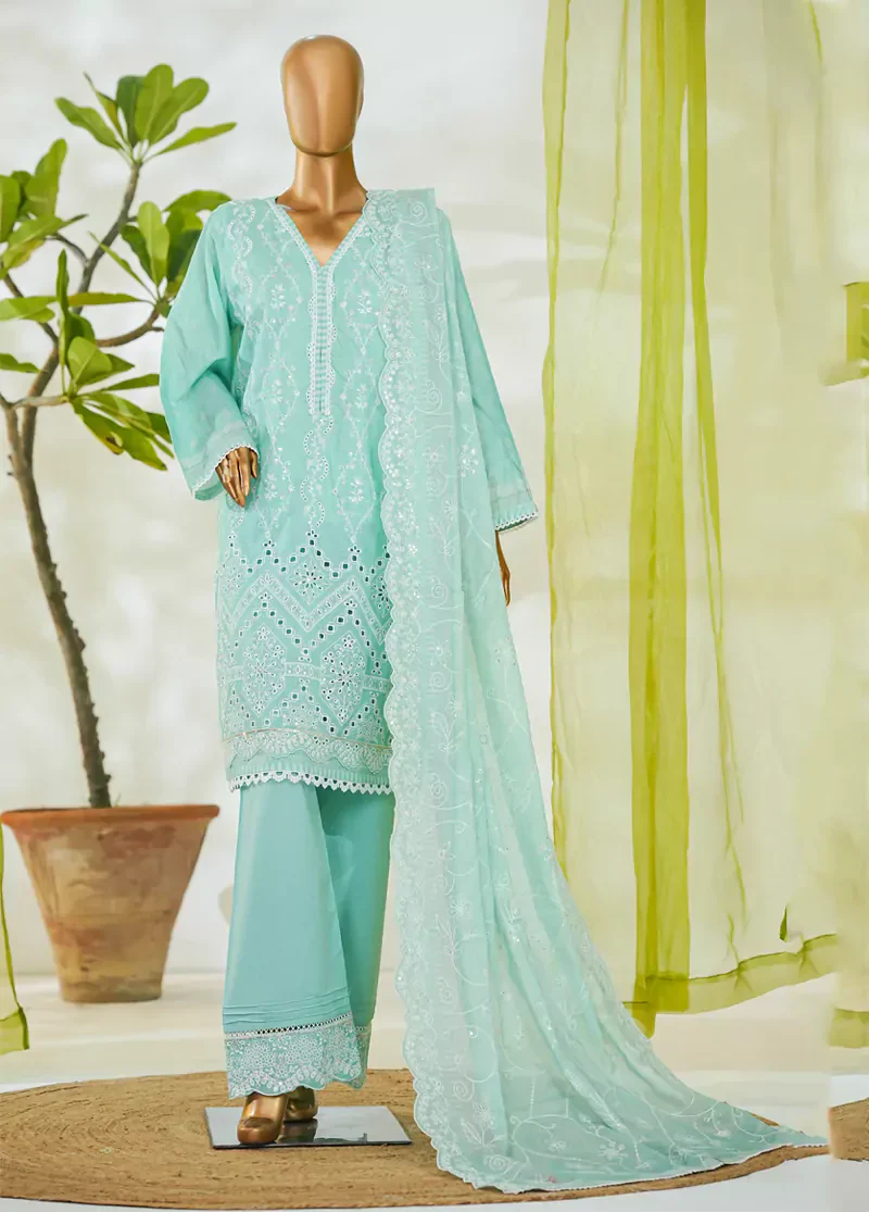 3 Piece Turquoise Color Embroidered Lawn Shirt with Embroidered Trouser & Dupatta - Image 3