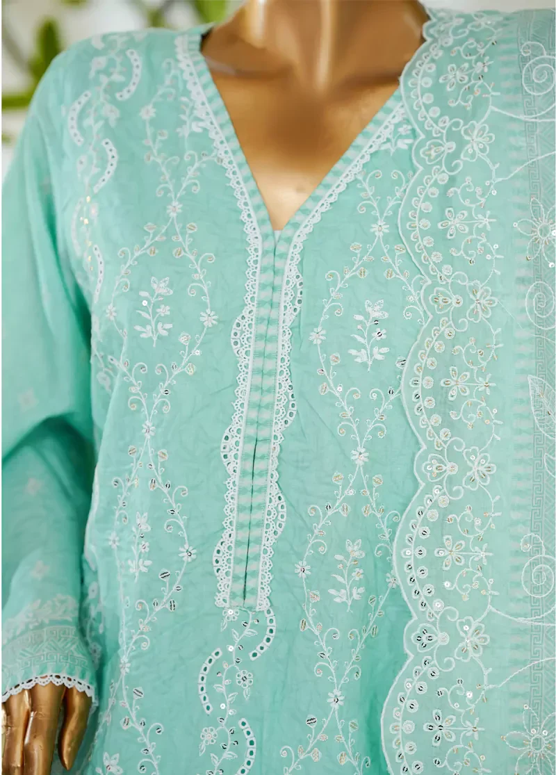 3 Piece Turquoise Color Embroidered Lawn Shirt with Embroidered Trouser & Dupatta - Image 4