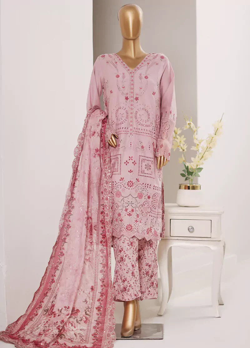 3 Piece Embroidered Pastel Pink Color Cotton Shirt with Trouser & Embroidered Dupatta - Image 3