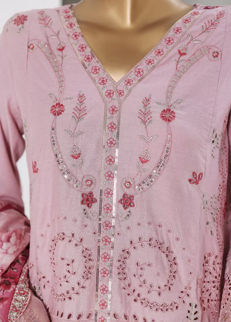 3 Piece Embroidered Pastel Pink Color Cotton Shirt with Trouser & Embroidered Dupatta - Image 4