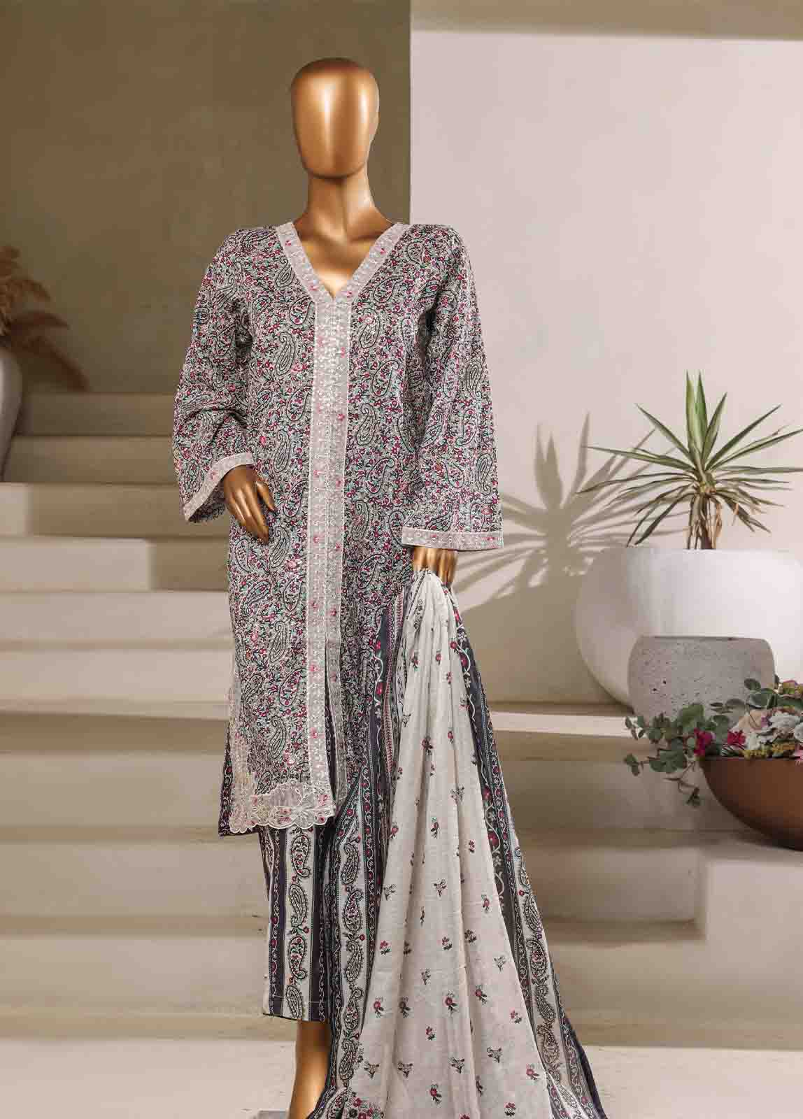 SM-088-EMB- 3 Piece Embroidered Stitched Suit - Image 3
