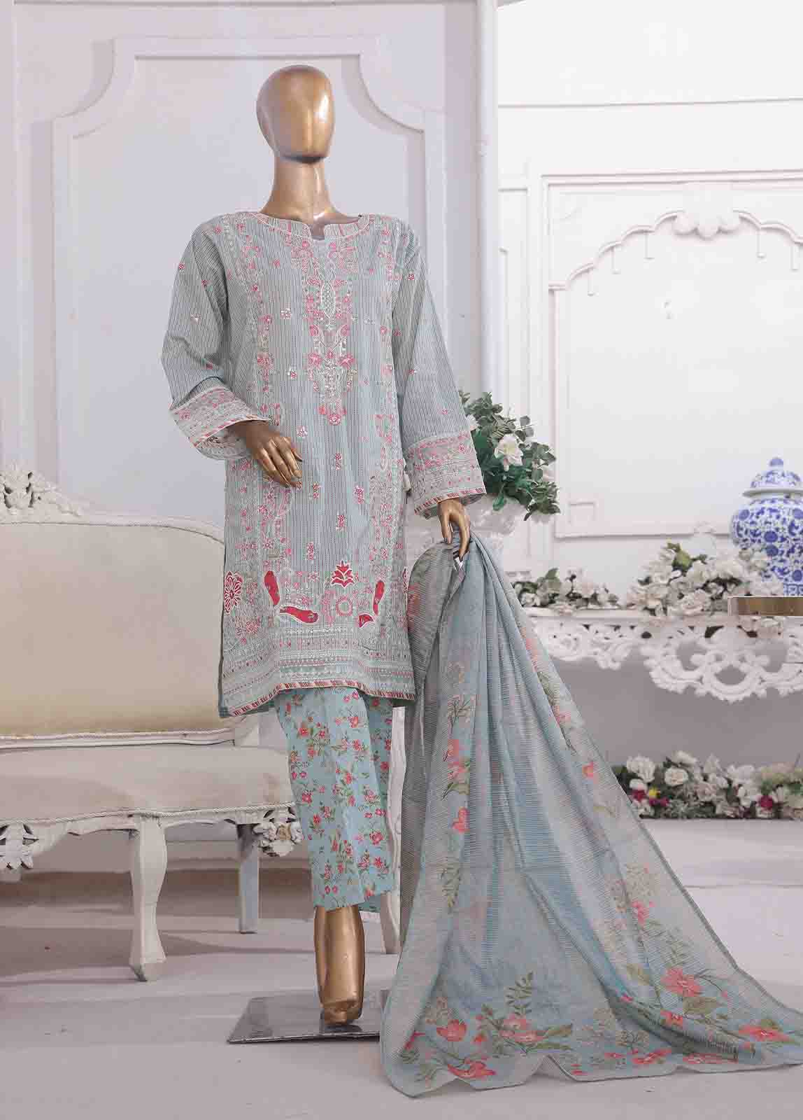 SM-EKS-011 O-A- 3 Piece Printed Embroidered Stitched Suit - Image 4