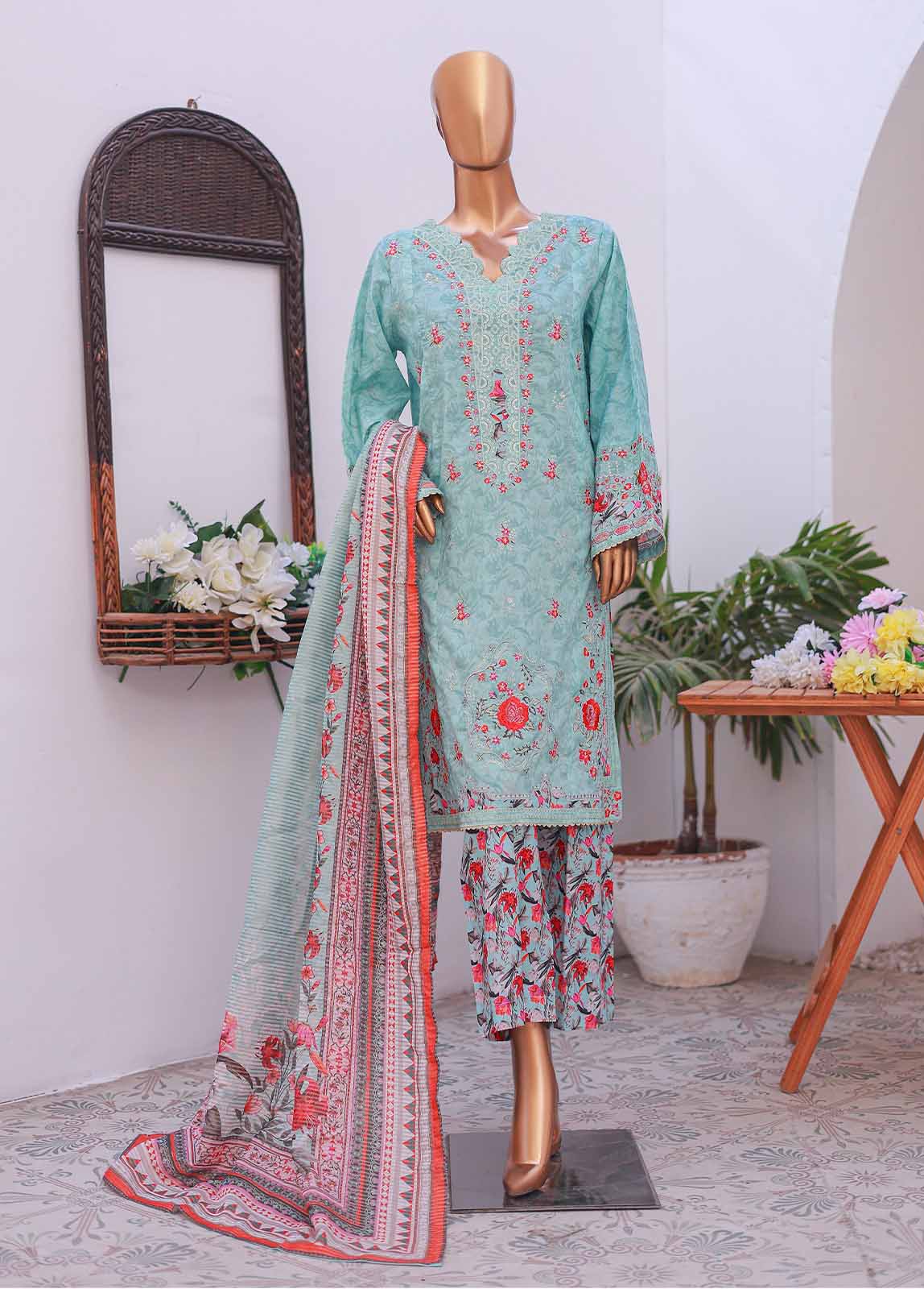 SM-EMB-020 A-B- 3 Piece Printed Embroidered Stitched Suit - Image 3