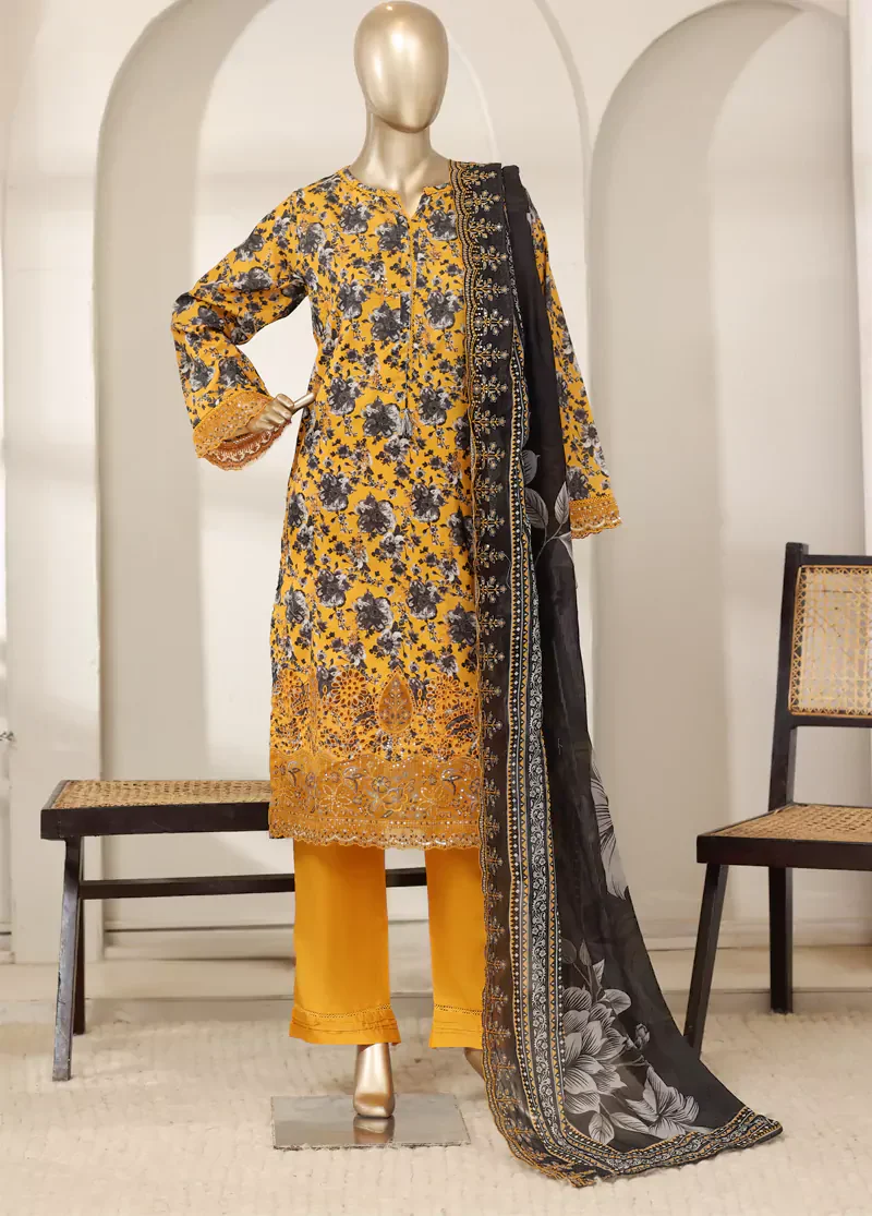 3 Piece Orange & Black Color Embroidered Lawn Shirt with Trouser & Embroidered Dupatta - Image 3