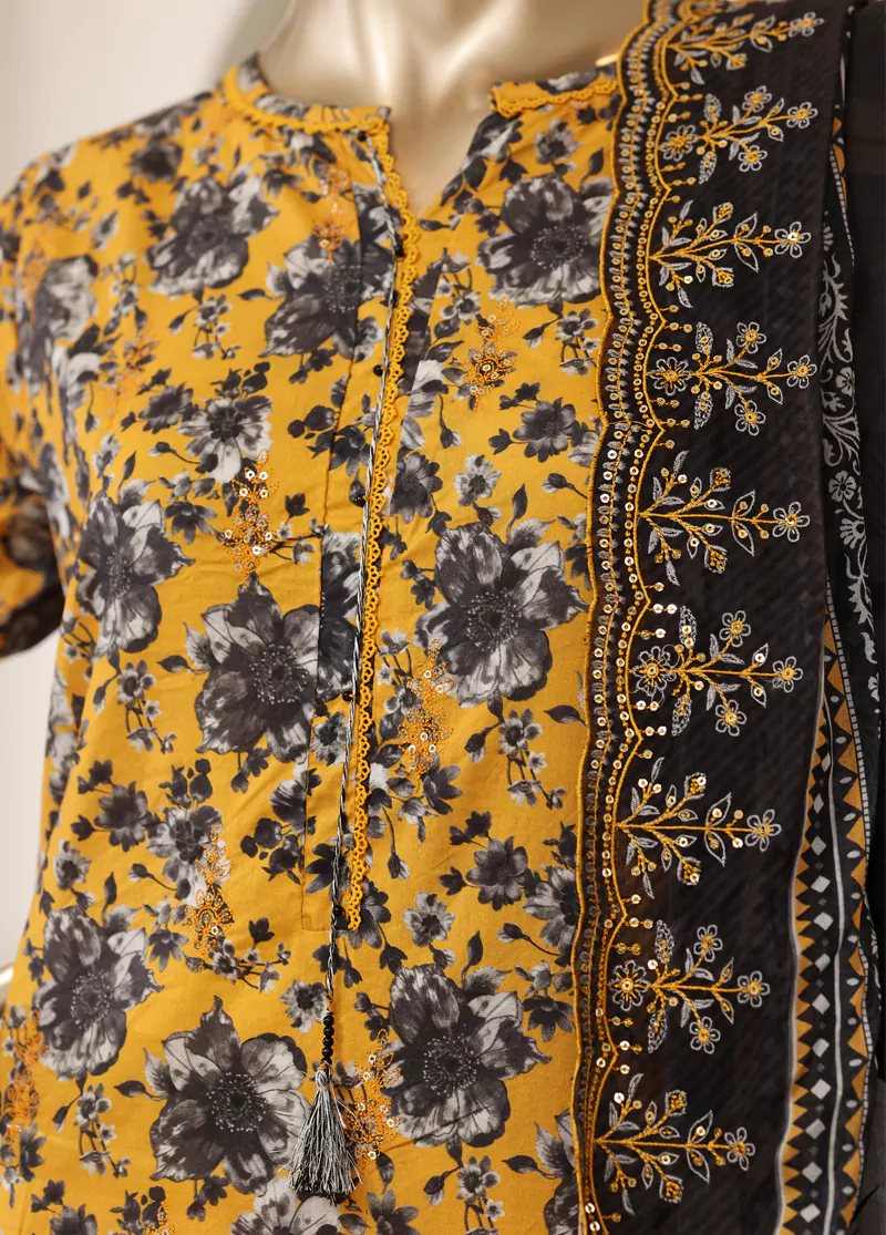 3 Piece Orange & Black Color Embroidered Lawn Shirt with Trouser & Embroidered Dupatta - Image 4