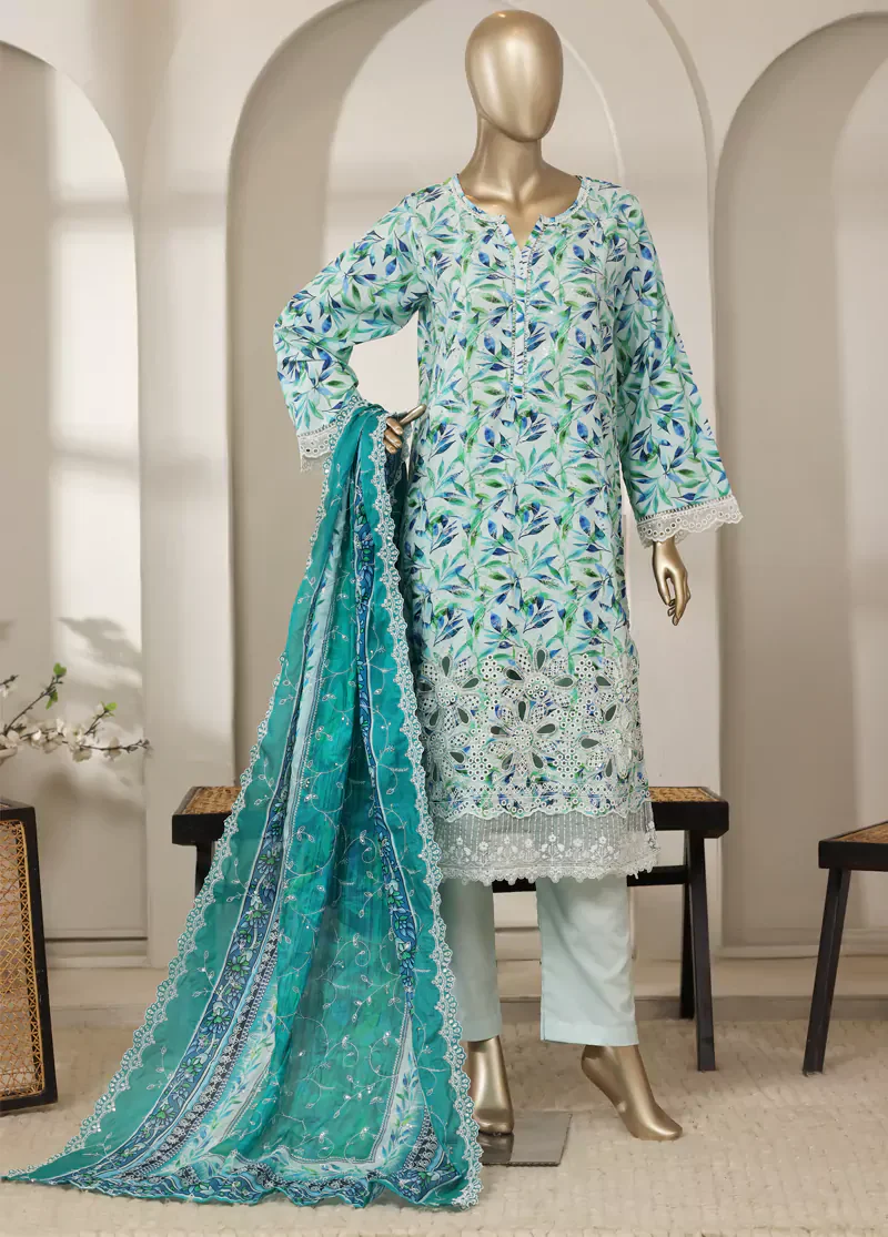 3 Piece MultiColor Embroidered Lawn Shirt with Trouser & Embroidered Dupatta - Image 3